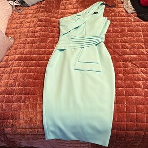 One shoulder, light green wedding guest dress!